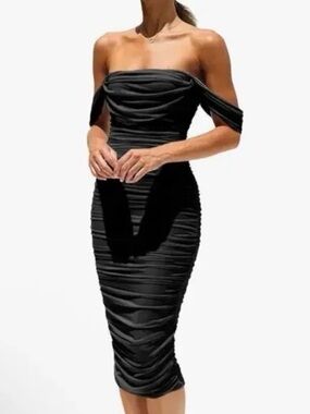 Off-Shoulder Black Ruched Midi Dress